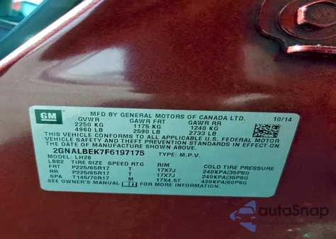 2015 Chevrolet Equinox Lt from USA, damaged, VIN 2GNALBEK7F6197175